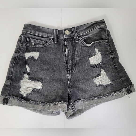 SO Brand Juniors Dark Grey High Rise Distressed Cuffed Mom Short - Picture 1 of 9